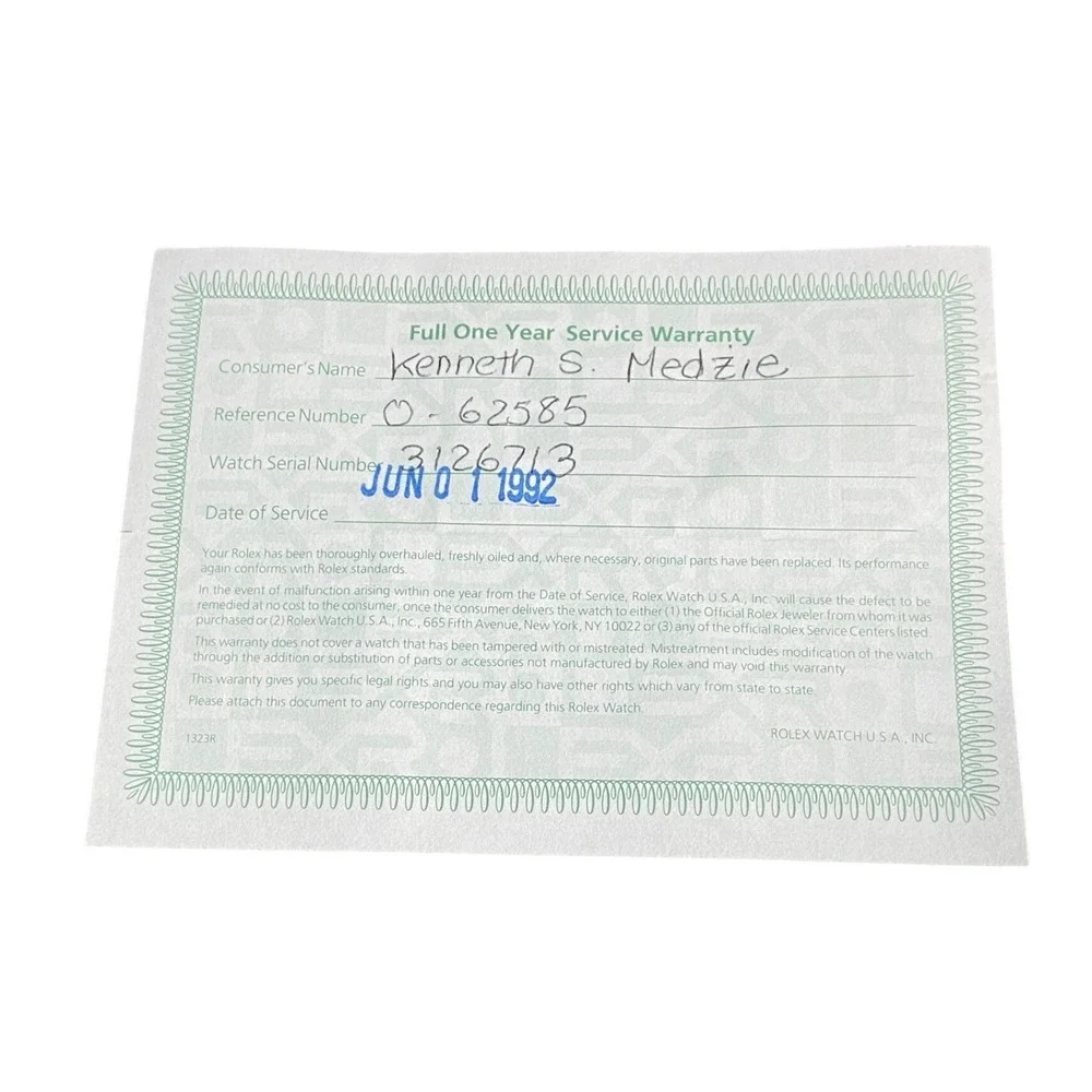 Vintage 1992 Rolex Service Warranty Paper Reference O-62585 Serial 3126713‎